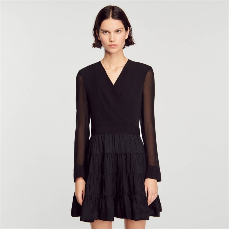 Sandro Short flowing dual-fabric dress Black | SN-SDO64207