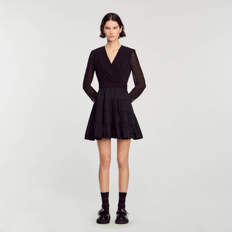 Sandro Short flowing dual-fabric dress Black | SN-SDO64207