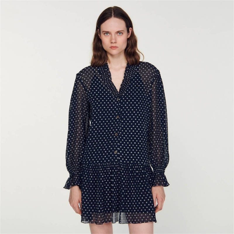 Sandro Short polka dot dress Navy / Ecru | SN-SDO64235