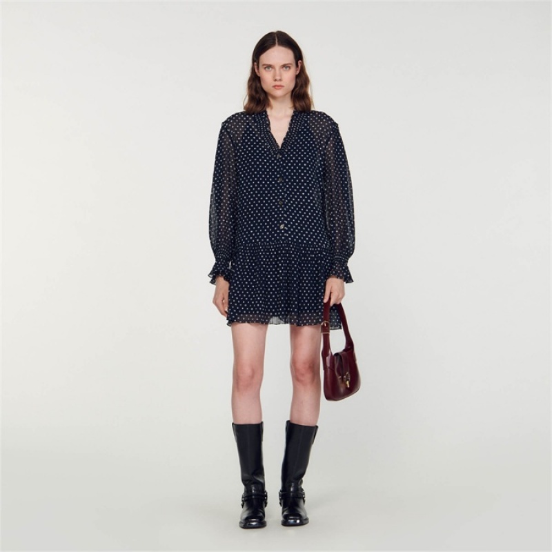 Sandro Short polka dot dress Navy / Ecru | SN-SDO64235