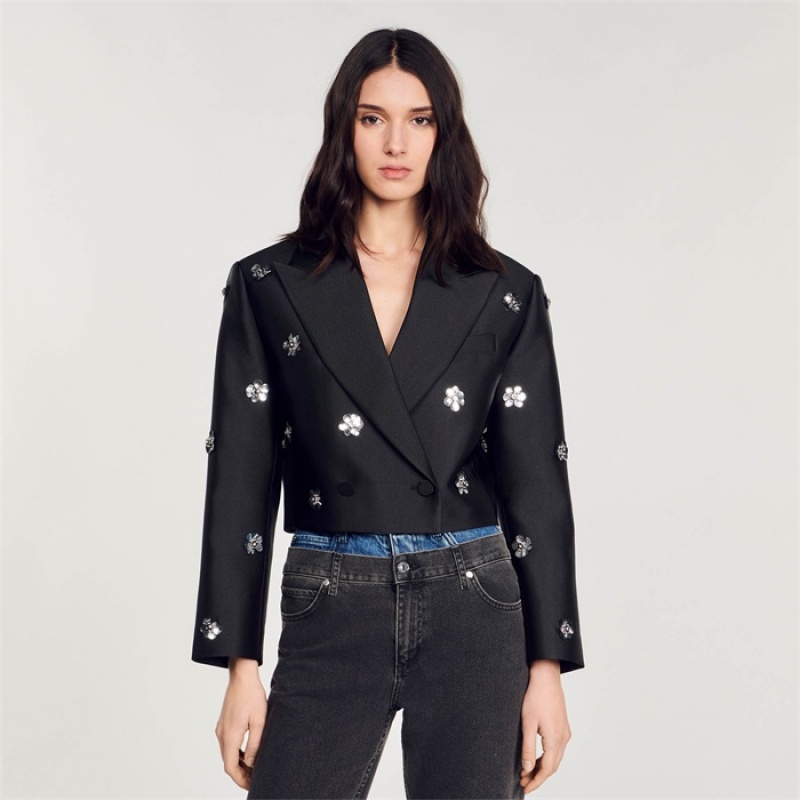 Sandro Short satin-look floral jacket Black | SN-SDO64491