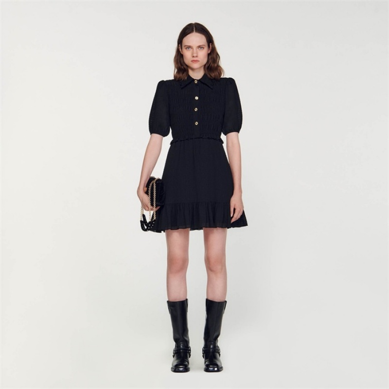 Sandro Short smocked dress Black | SN-SDO64236