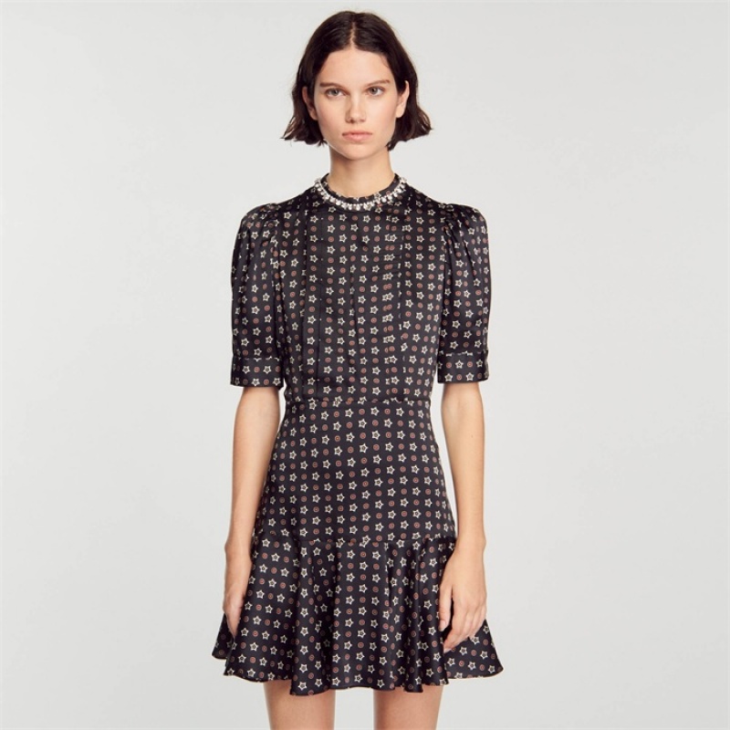 Sandro Short star-print dress Black / Red | SN-SDO64216