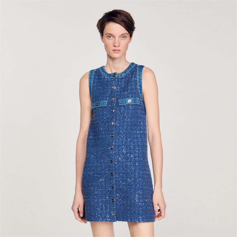 Sandro Short tweed trapeze dress Blue | SN-SDO64289