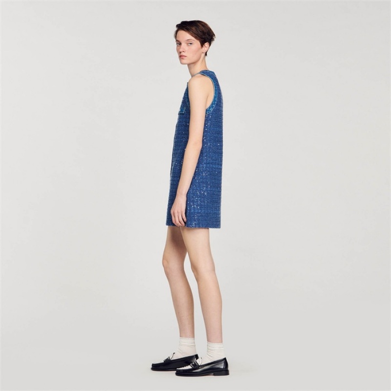 Sandro Short tweed trapeze dress Blue | SN-SDO64289