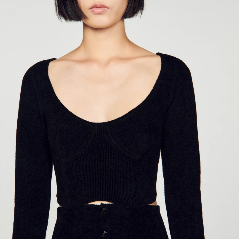 Sandro Short velvet knit sweater Black | SN-SDO64617