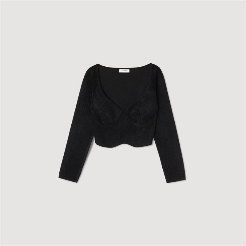 Sandro Short velvet knit sweater Black | SN-SDO64617