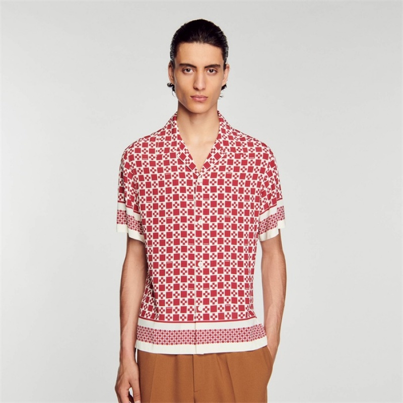 Sandro Short-sleeve Square Cross shirt Bordeaux | SN-SDO65076