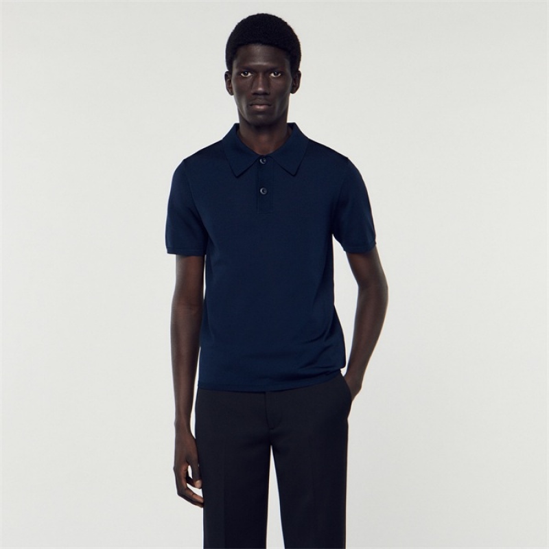 Sandro Short-sleeve knitted polo shirt Navy Blue | SN-SDO65137