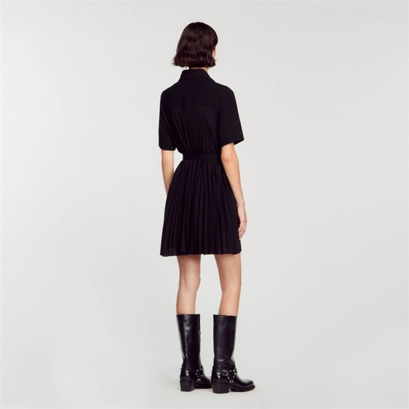 Sandro Short-sleeved dress in two materials Black | SN-SDO64251