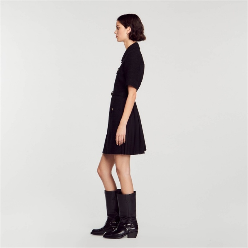 Sandro Short-sleeved dress in two materials Black | SN-SDO64251