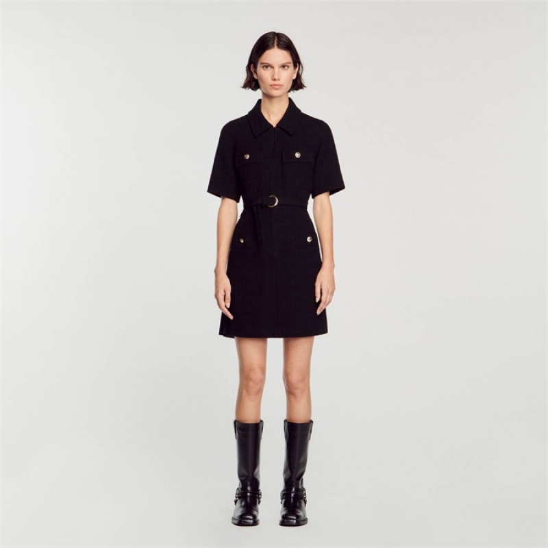 Sandro Short-sleeved dress in two materials Black | SN-SDO64251