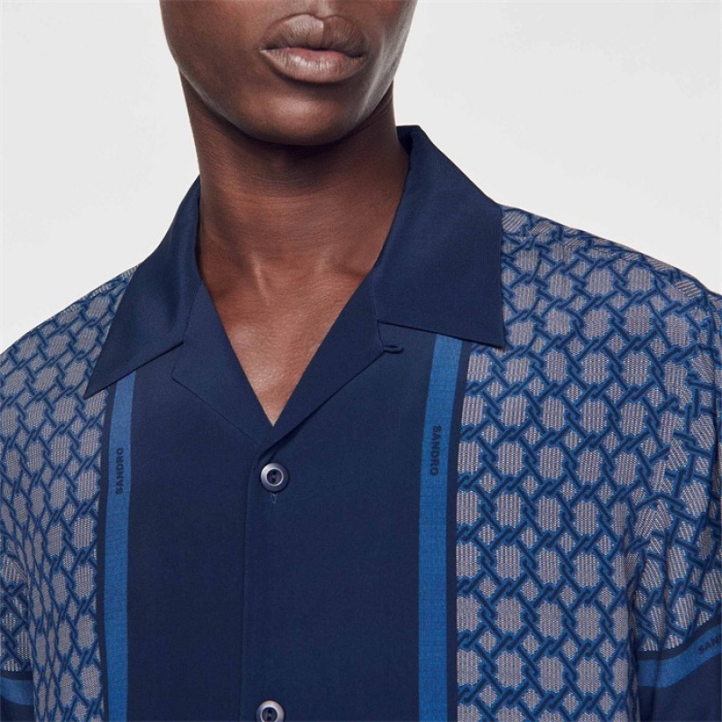 Sandro Short-sleeved patterned shirt Navy Blue | SN-SDO65079