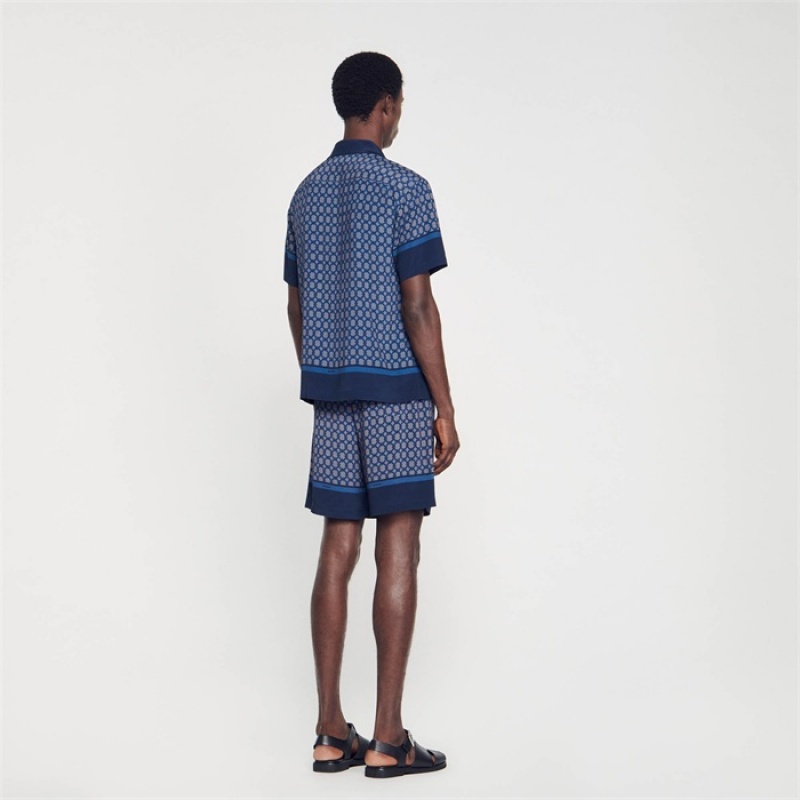 Sandro Short-sleeved patterned shirt Navy Blue | SN-SDO65079