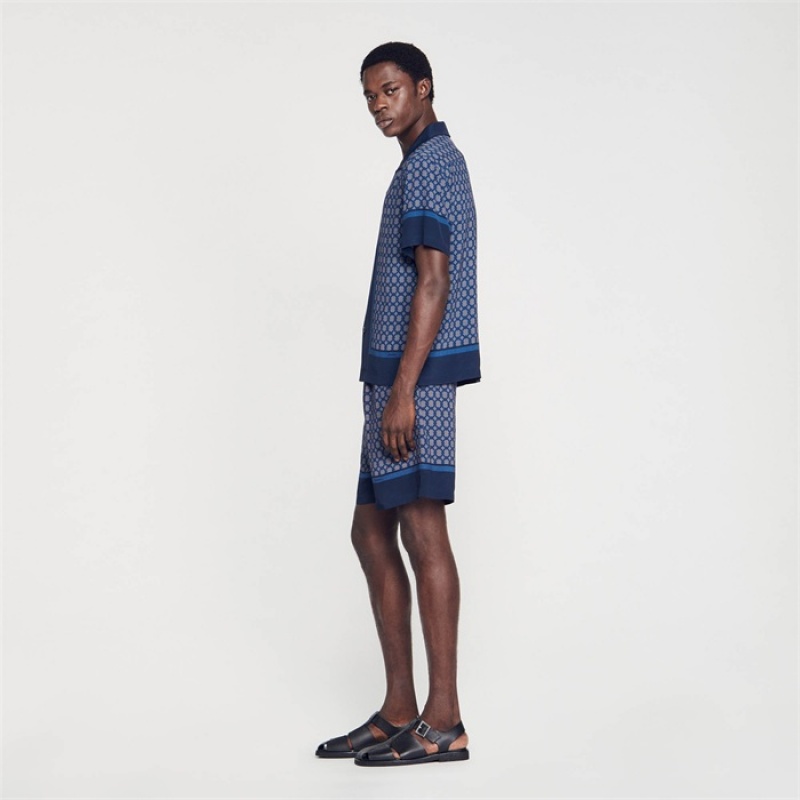 Sandro Short-sleeved patterned shirt Navy Blue | SN-SDO65079