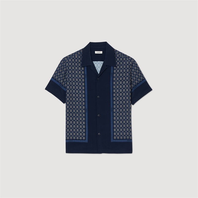 Sandro Short-sleeved patterned shirt Navy Blue | SN-SDO65079