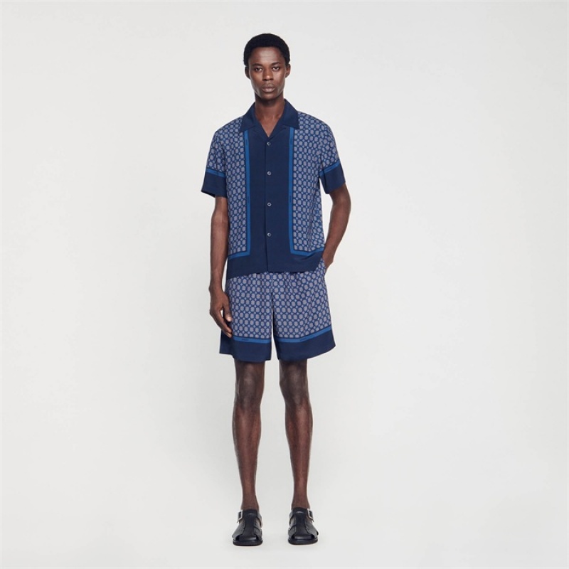 Sandro Short-sleeved patterned shirt Navy Blue | SN-SDO65079