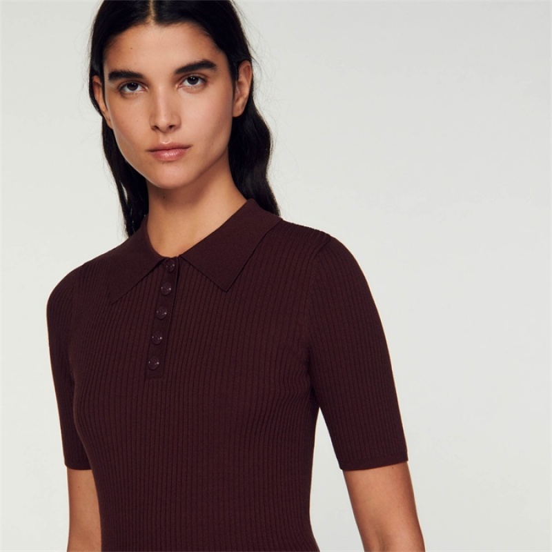 Sandro Short-sleeved polo neck sweater Bordeaux | SN-SDO64371