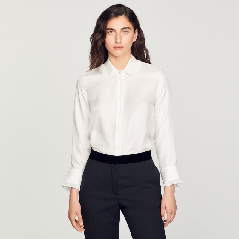 Sandro Silk shirt with pleated trim Ecru | SN-SDO64361