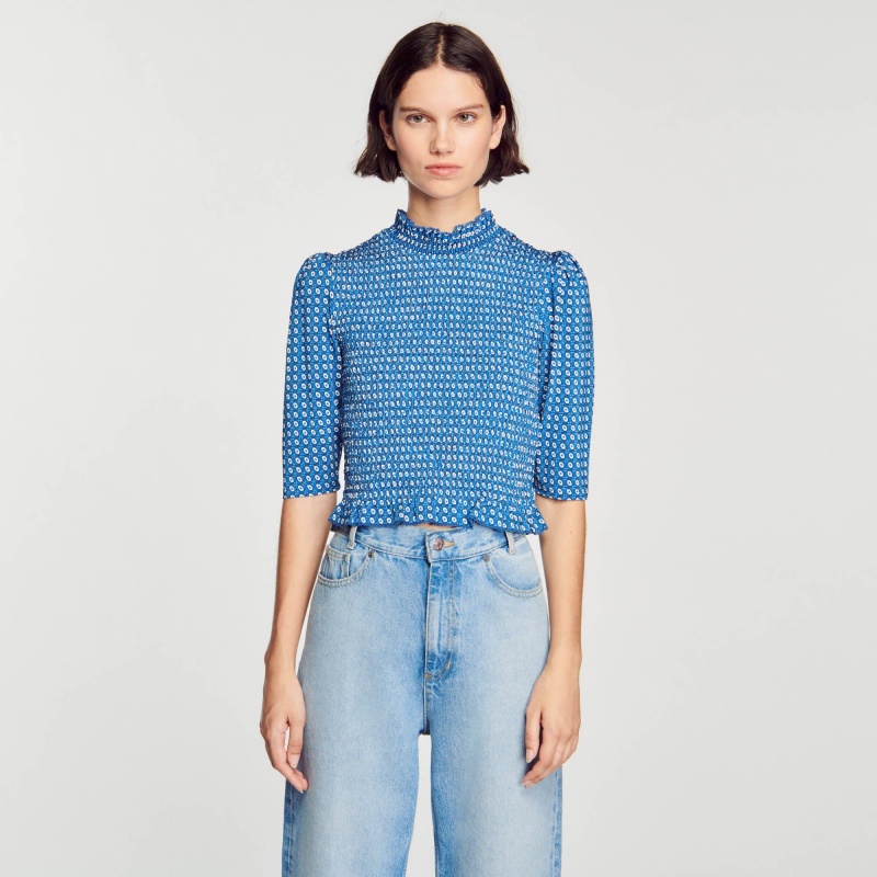 Sandro Smocked printed top Blue | SN-SDO64338