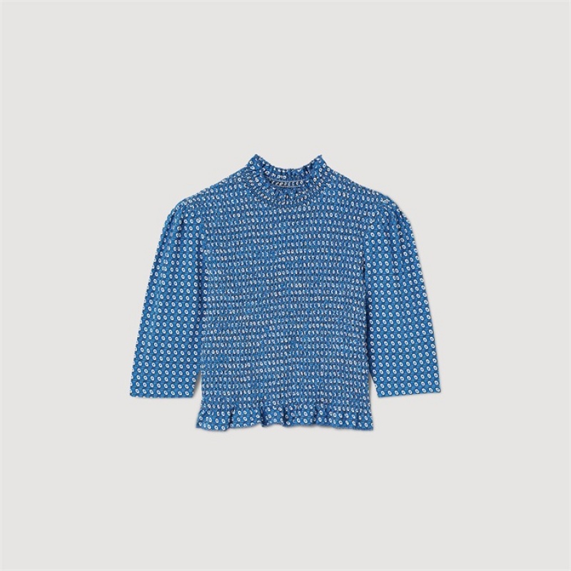 Sandro Smocked printed top Blue | SN-SDO64338