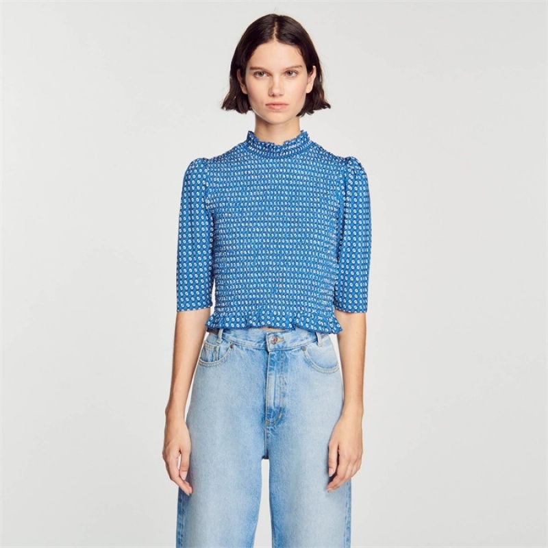 Sandro Smocked printed top Blue | SN-SDO64404