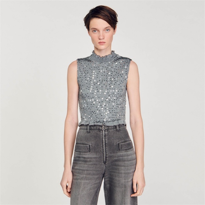 Sandro Smocked top with sequins Grey | SN-SDO64381