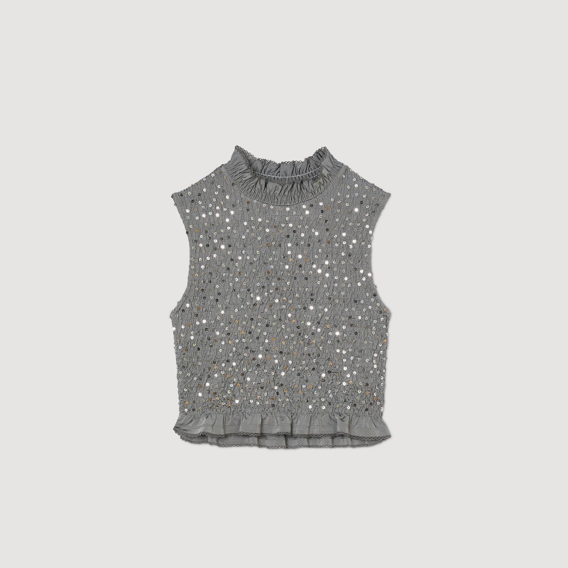 Sandro Smocked top with sequins Grey | SN-SDO64381