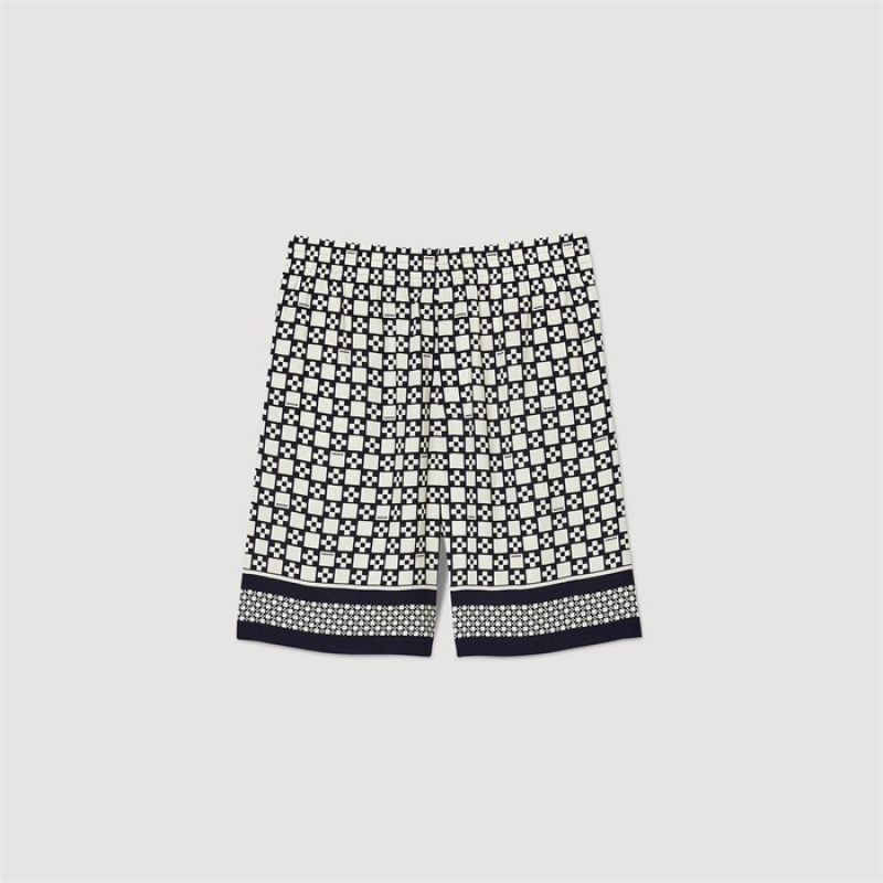 Sandro Square Cross patterned Bermuda shorts Ecru / Navy | SN-SDO65377