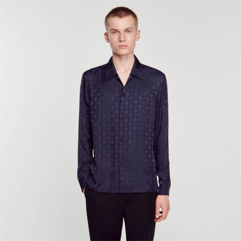 Sandro Square Cross shirt Navy Blue | SN-SDO65074