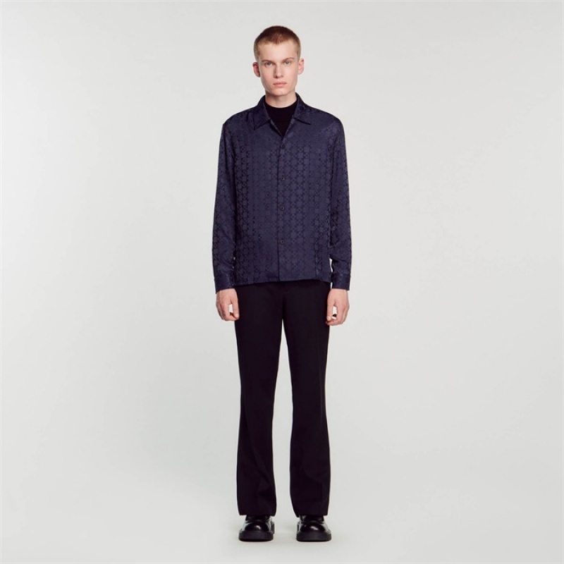 Sandro Square Cross shirt Navy Blue | SN-SDO65074