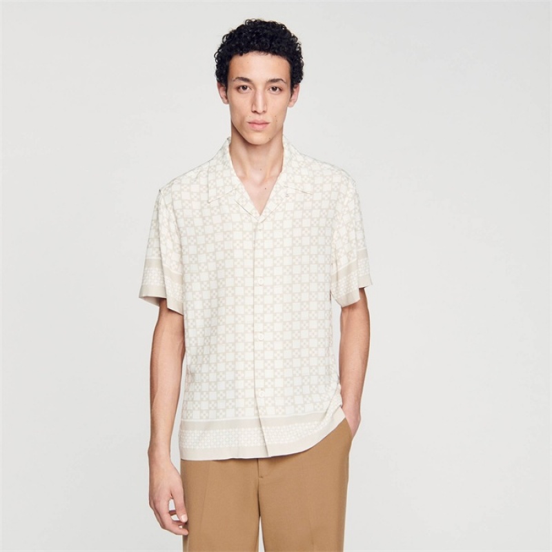 Sandro Square Cross short-sleeved shirt Off White / Mastic | SN-SDO65078