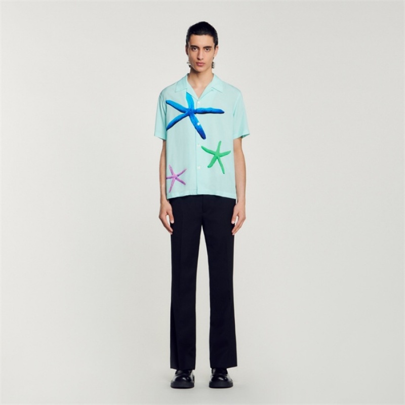 Sandro Starfish printed shirt Mint Blue | SN-SDO65038