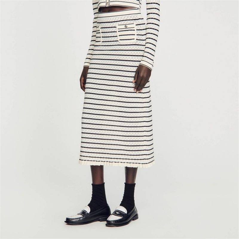 Sandro Striped knit midi skirt White / Black | SN-SDO64728