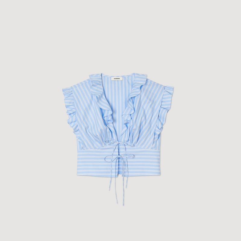 Sandro Striped ruffled crop top Blu / White | SN-SDO64387