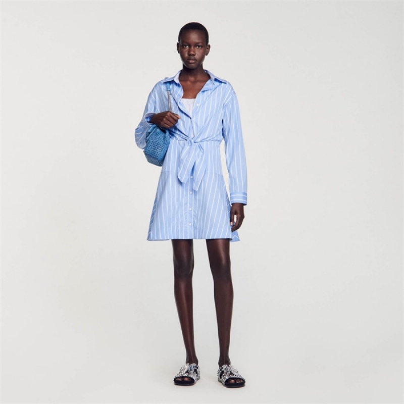 Sandro Striped tie-front shirt dress Blu / White | SN-SDO64293