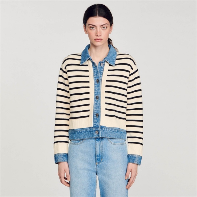 Sandro Stripy knit and denim coatigan Ecru / Black | SN-SDO64676