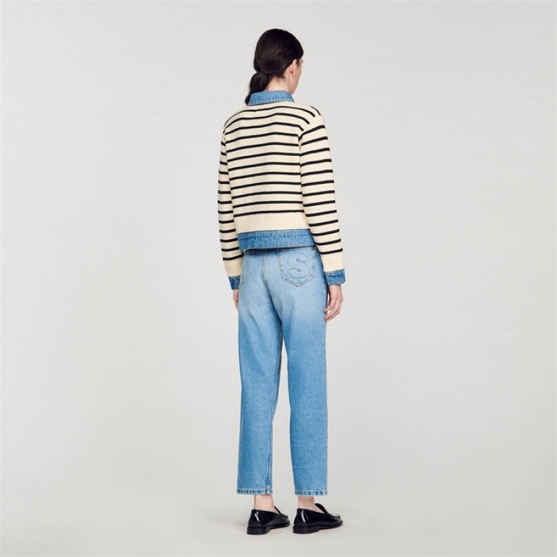 Sandro Stripy knit and denim coatigan Ecru / Black | SN-SDO64676