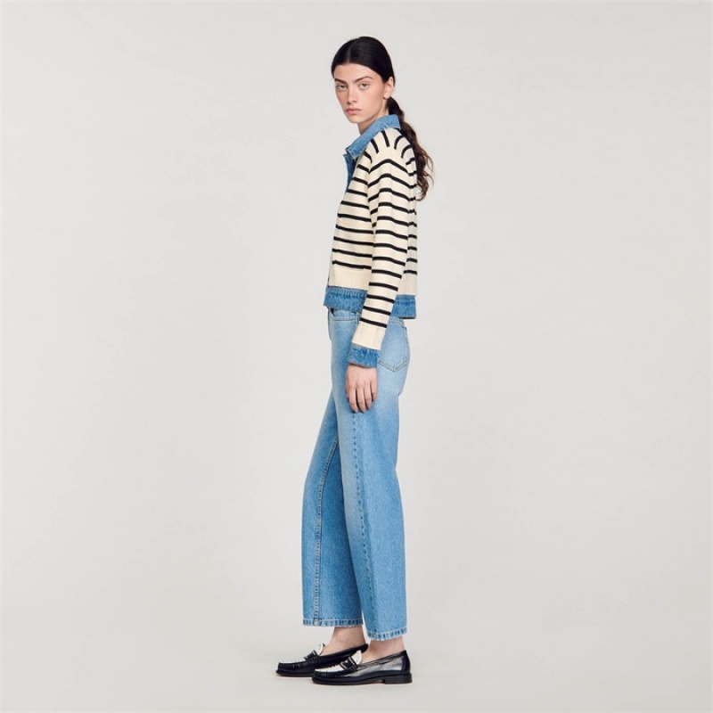 Sandro Stripy knit and denim coatigan Ecru / Black | SN-SDO64676