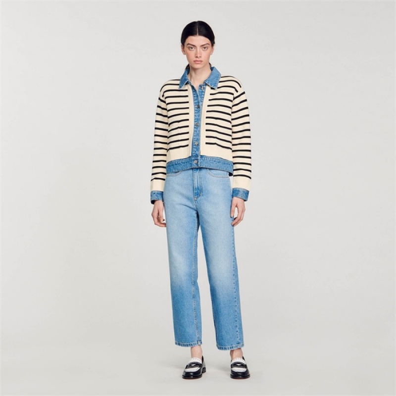 Sandro Stripy knit and denim coatigan Ecru / Black | SN-SDO64676