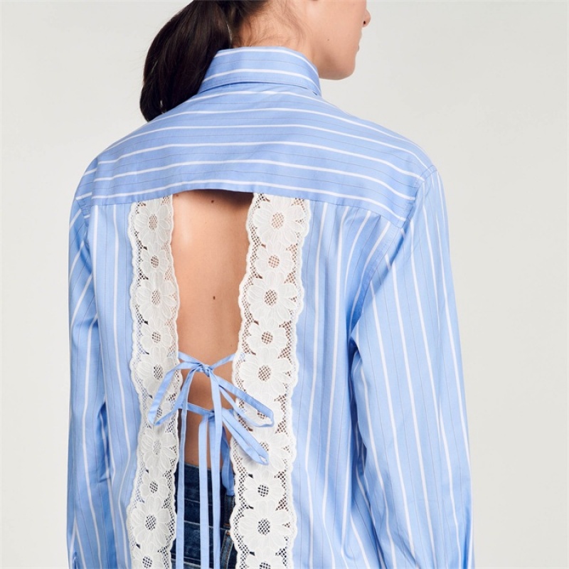 Sandro Stripy shirt with open lace back Blu / White | SN-SDO64386