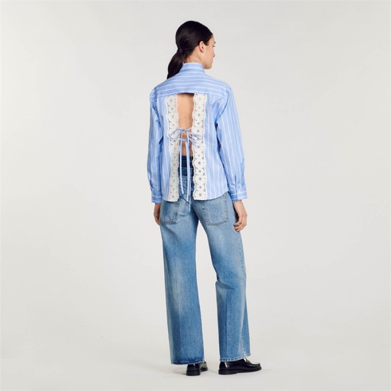 Sandro Stripy shirt with open lace back Blu / White | SN-SDO64386