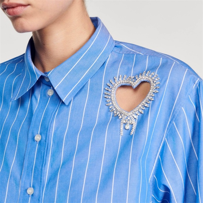 Sandro Stripy shirt with rhinestone heart Sky Blue | SN-SDO64388