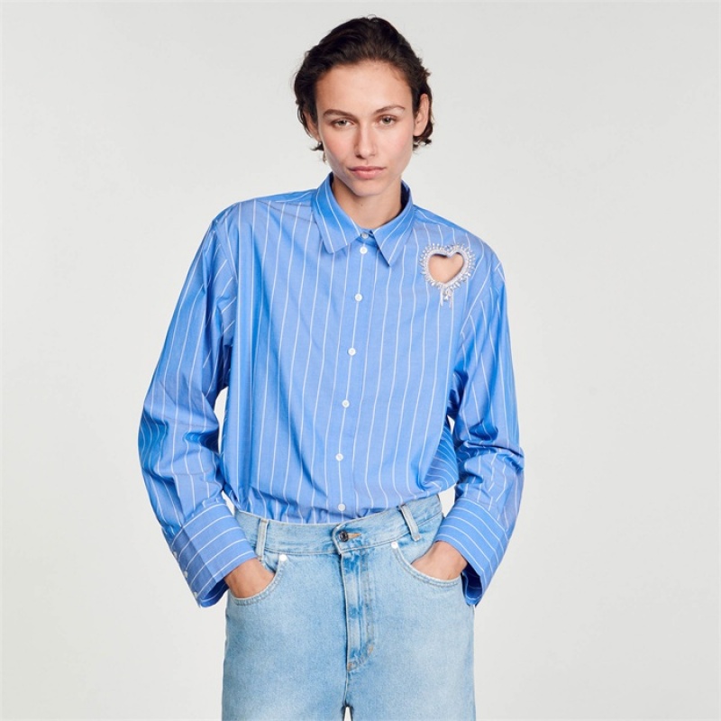 Sandro Stripy shirt with rhinestone heart Sky Blue | SN-SDO64388