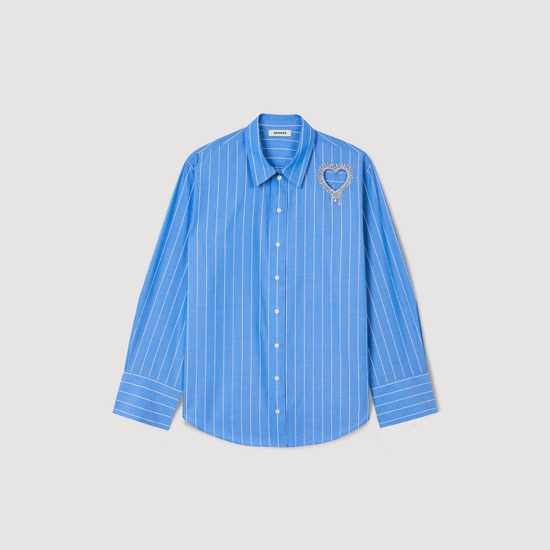 Sandro Stripy shirt with rhinestone heart Sky Blue | SN-SDO64388