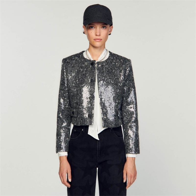 Sandro Structured cropped jacket Black / White | SN-SDO64436