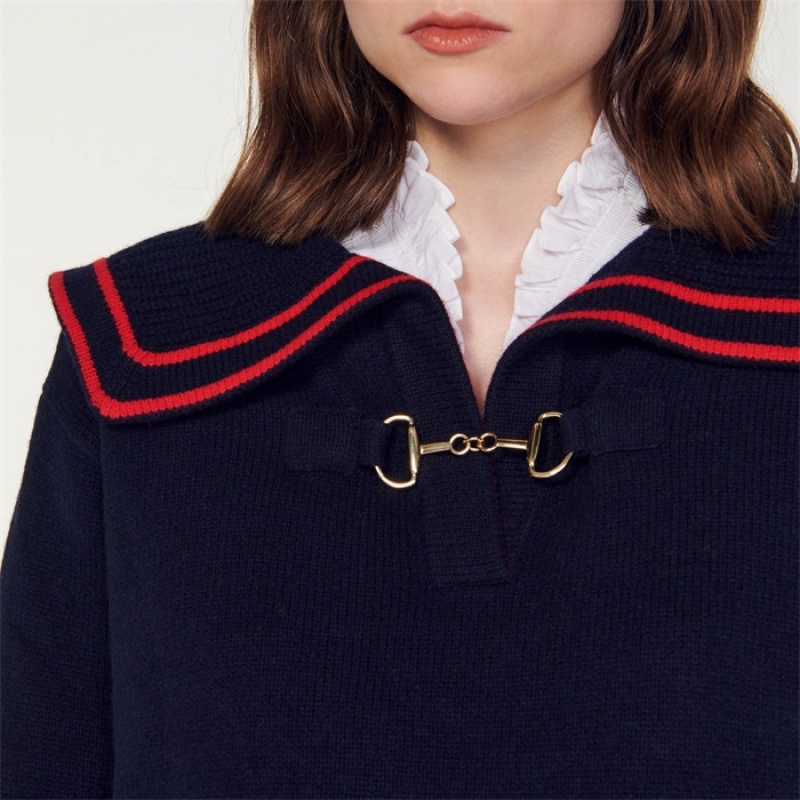 Sandro Sweater with an open collar Navy Blue | SN-SDO64556