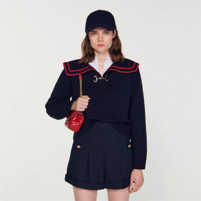 Sandro Sweater with an open collar Navy Blue | SN-SDO64556