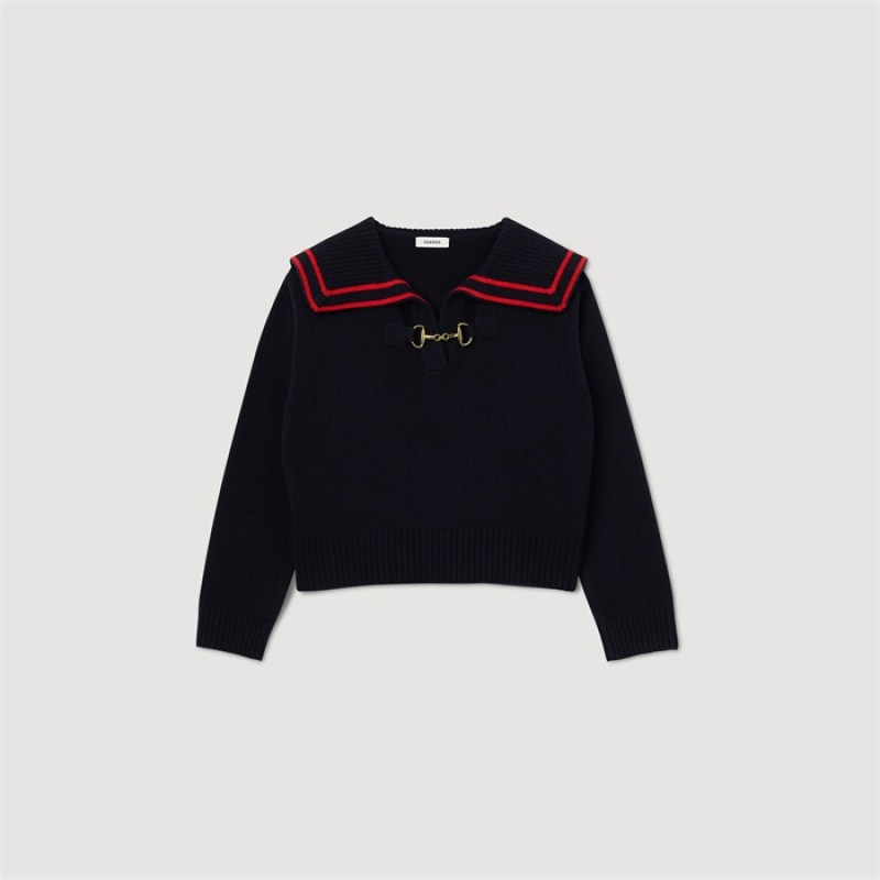 Sandro Sweater with an open collar Navy Blue | SN-SDO64556