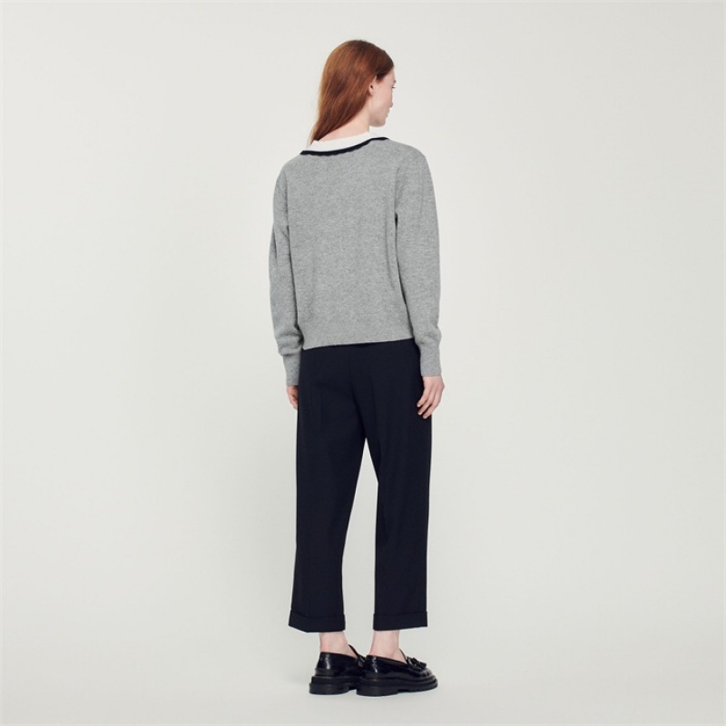 Sandro Sweater with contrasting deep V-neck Mocked Grey | SN-SDO64622